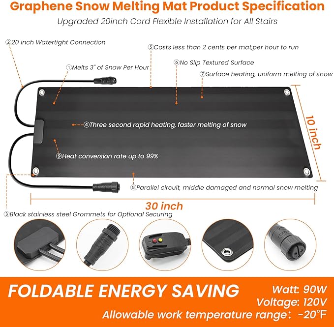 Graphene Snow Melting Mats for Stairs,Non-Slip Rubber Heated Walkway Mat,Fast Ice Melt 3 in/h,Safe & Energy Saving with Extended 20 inches Cord,10"x30" with Plug