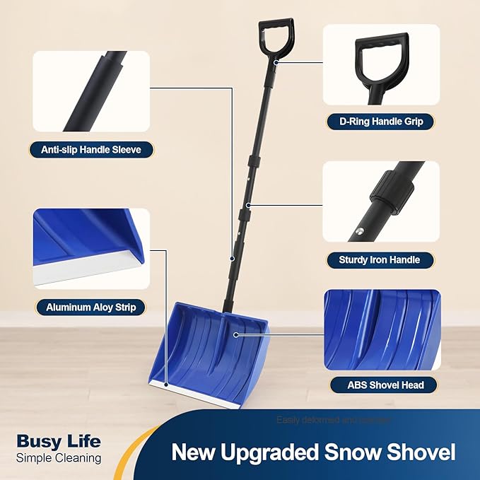 Yocada Snow Shovel for Driveway Home Garage Snow Removal 55 inch Long with D-Grip Handle Aluminum Strip Large Capacity Shovel for Garden Car Camping Outdoor