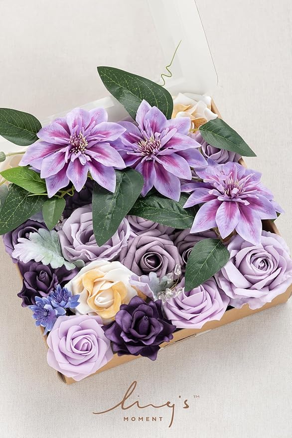 Ling's moment Artificial Flowers Box Set for DIY Wedding Bouquets Centerpieces Arrangements Party Baby Shower Home Decorations (Dreamy Purple)