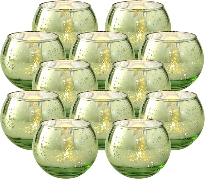 Volens Round Green Votive Candle Holders Set of 12, Green Wedding Centerpiece Table Decorations, Mercury Glass Tealight Candle Holder for Bridal Shower, Baby Shower & Home Decor