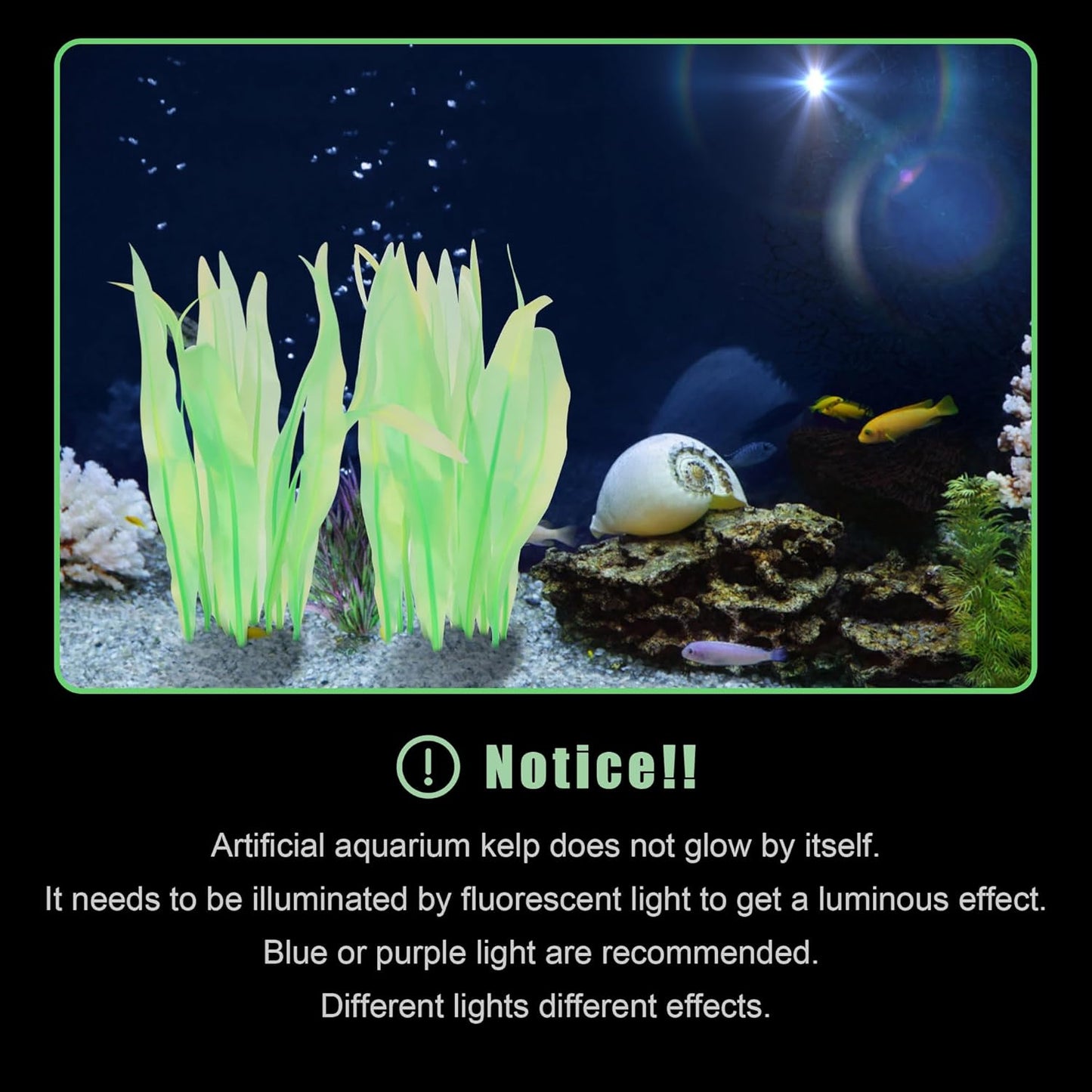 Kaiyuan Dynasty 2pc Artificial Fish Tank Plants Aquarium Decoration Plants Silicone Glowing Kelp Ornament Fish Tank Decor Aquarium Plant Aquatic Water Grass,7inch,Green