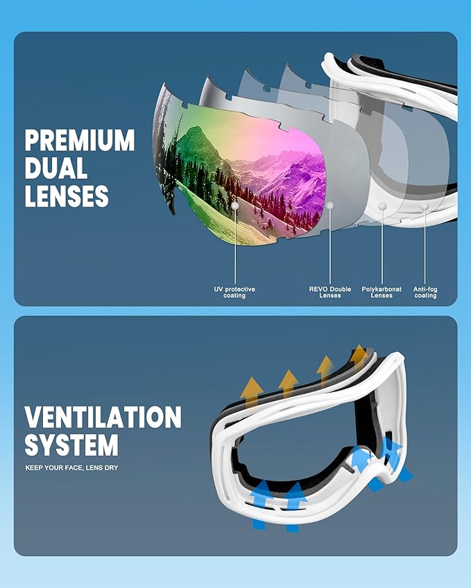 AVV Ski Goggles UV Protection, Anti-Fog Snowboard Snow Goggles OTG for Men Women Adults & Youths