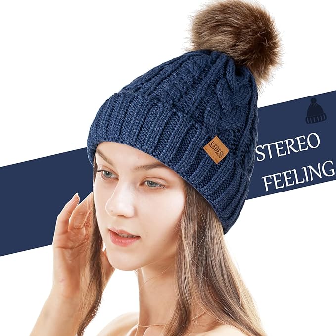 REDESS Women Winter Pompom Beanie Hat with Warm Fleece Lined, Thick Slouchy Snow Knit Skull Ski Cap