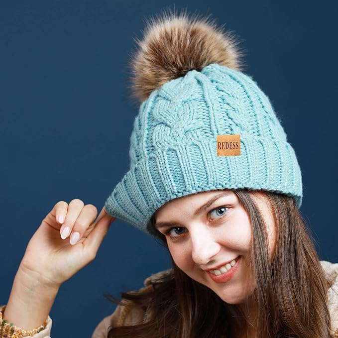 REDESS Women Winter Pompom Beanie Hat with Warm Fleece Lined, Thick Slouchy Snow Knit Skull Ski Cap