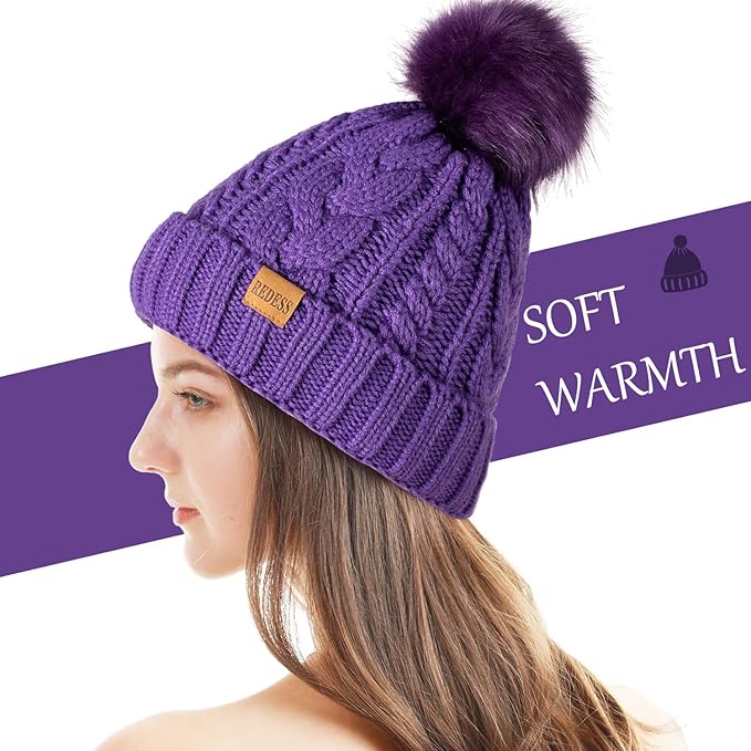 REDESS Women Winter Pompom Beanie Hat with Warm Fleece Lined, Thick Slouchy Snow Knit Skull Ski Cap