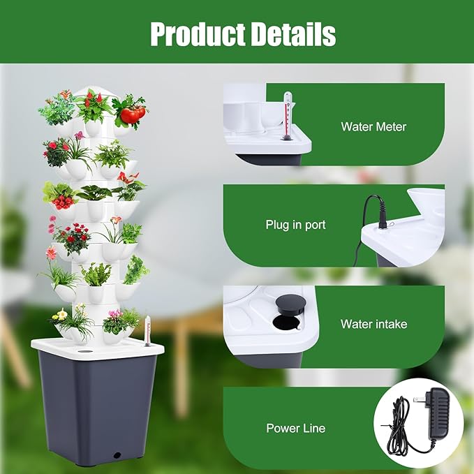 Vertical Hydroponics Garden Tower, 30-Plant Hydroponic Growing System with 10L Tank, 6 Layers Tower Garden Hydroponics Growing System, Automatic Watering for Home Indoor Gardening System White