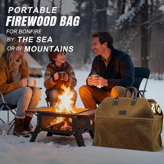 INNO STAGE Heavy Duty Wax Canvas Log Carrier Tote,Large Fire Wood Bag,Durable Firewood Holder,Canvas Shopping Bags, Fireplace Wood Stove Accessories Storage Bag for Fire Pit for Camping, BBQ Barbecue
