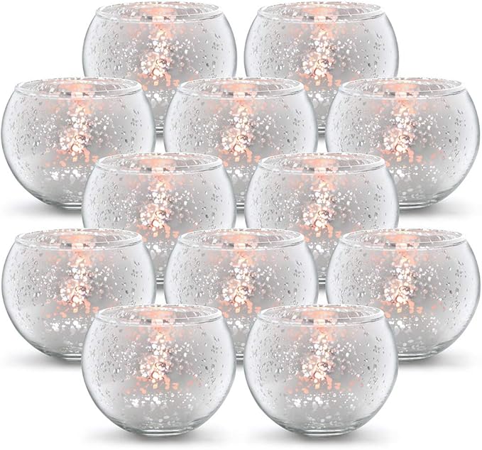 Volens Round Silver Votive Candle Holders, Mercury Glass Tealight Candle Holder Set of 12