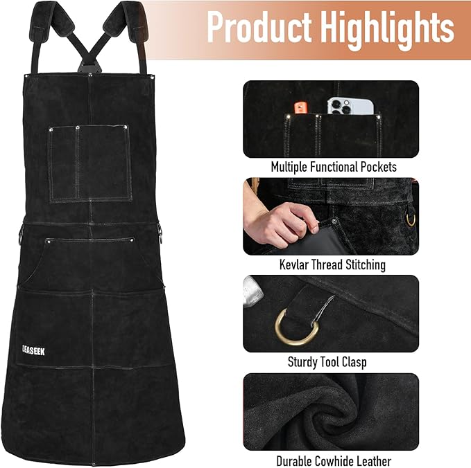 LeaSeek Leather Welding Apron - Flame and Heat Resistant Bib Apron with 6 Pockets