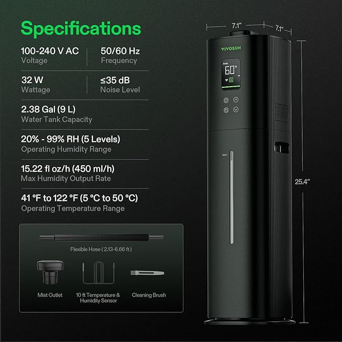 VIVOSUN AeroStream H09 Intelligent Wi-Fi Humidifier, 2.38 Gal / 9 L Humidifier with Temp & Humidity Probe, Smart Remote Control, Designed for Growers