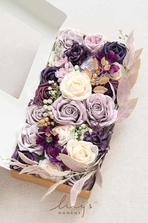 Ling's moment Artificial Flowers and Greenery for DIY Lilac & Cream Deluxe Box Wedding Bouquet Centerpieces Floral Arrangement Decor