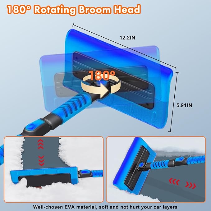 E-SDS 60” Snow Broom Ice Scraper Bendable Snow Remover for Cars with 12.2” Foam Head, Extendable Snow Brush for Car, Truck and SUV, Blue