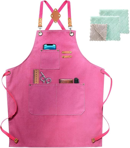 ZOMAO Apron for Women,Baking Kitchen Cooking Apron with Pockets, Cotton Canvas Cross Back Apron with Adjustable Strap and Large Pockets,BBQ Drawing Crafting Aprons for Women Chef (Pink)
