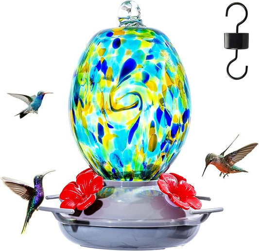 Muse Garden Hand Blown Glass Hummingbird Feeder - 19OZ Plastic Base Humming Bird Feeders for Outdoors Hanging, Garden Decor Gifts for Bird Lovers, Starry Night