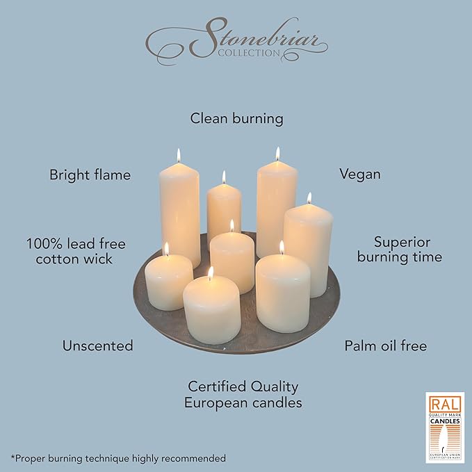 Stonebriar 3 Pack Tall 3 x 4 Inch 35 Hour Long Burning Unscented White Wax Pillar Candles