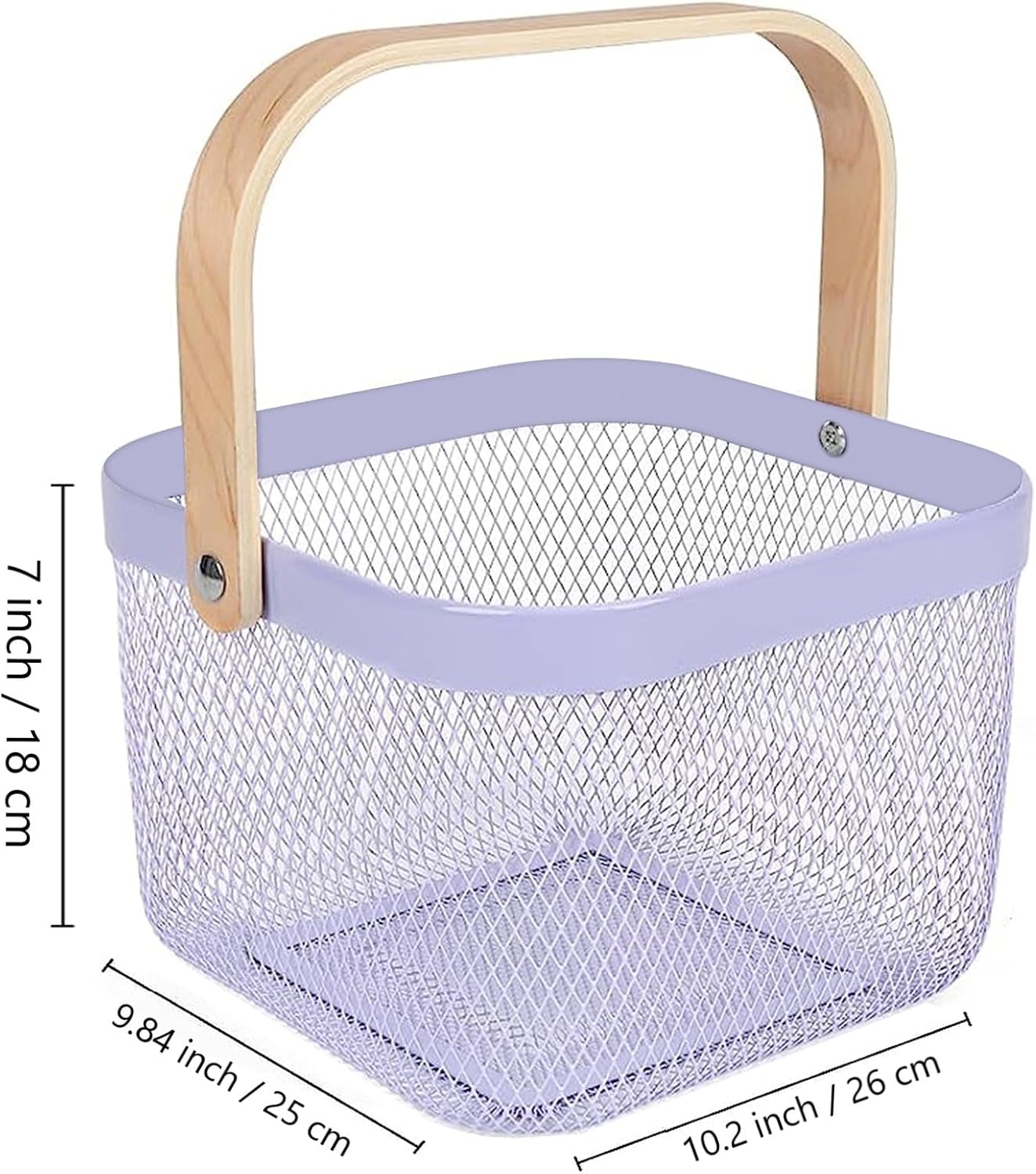 Metal Mesh Steel Basket, Storage Organizer Basket Multi-functional Hanging Kitchen Baskets Fruit Basket Bin with Bamboo Handle for Kitchen Bathroom Picnic Shopping Decor Cabinet Home, Purple