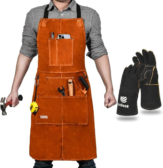 Leather Welding Work Apron - Heat Resistant & Flame Resistant Bib Apron, Flame Retardant Heavy Duty BBQ Apron