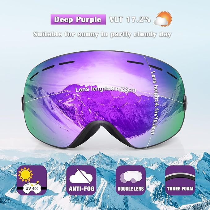 EXP VISION Snowboard Ski Goggles Men Women Youth, Anti Fog OTG Winter Snow Goggles Spherical Detachable Lens