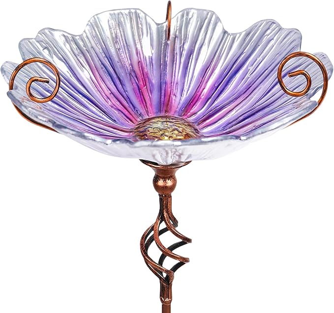 MUMTOP 31 Inch Height Glass Birdbath Birdfeeder with Metal Stake Garden Yard Outdoor Purple