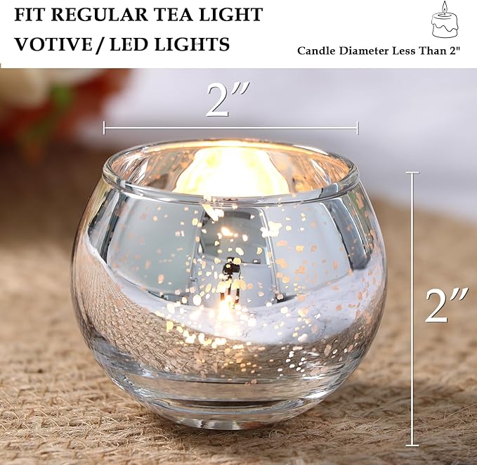 Volens Round Silver Votive Candle Holders, Mercury Glass Tealight Candle Holder Set of 12