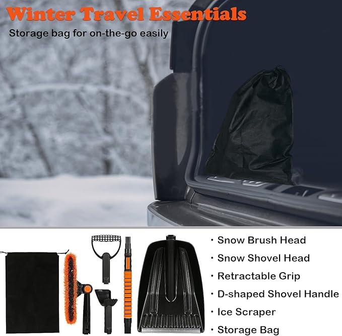 41" Snow Brush and Shovel Kit with Ice Scraper for Car Windshield, Winter Essentials 5 in 1 Extendable 270° Pivoting with Foam Grip Snow Brush Broom and Emergency Shovel for Car Truck SUV Vehicle