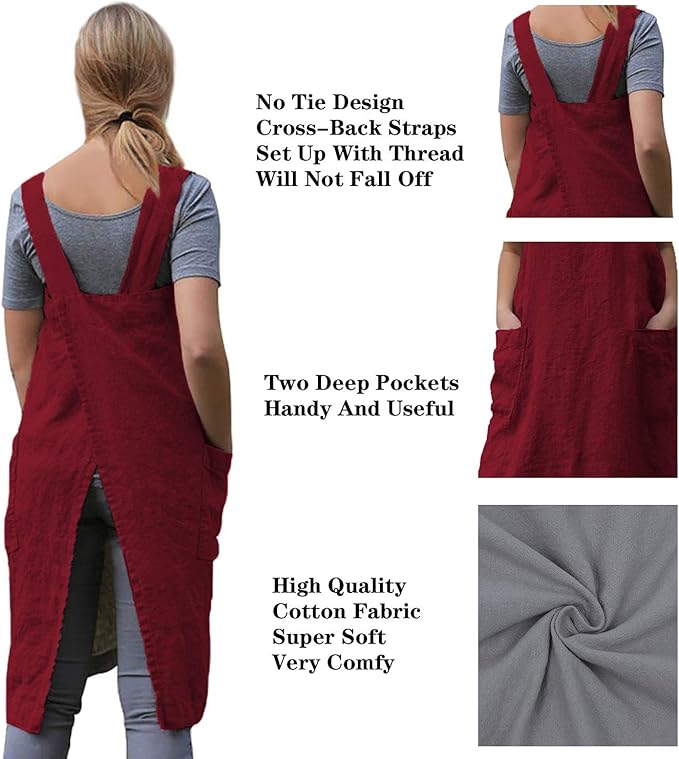 WROLEM Women's Practical Cross Back Pinafore Apron with Large Pockets Home Kitchen,Restaurant,Coffee House,Cooking,Gardening