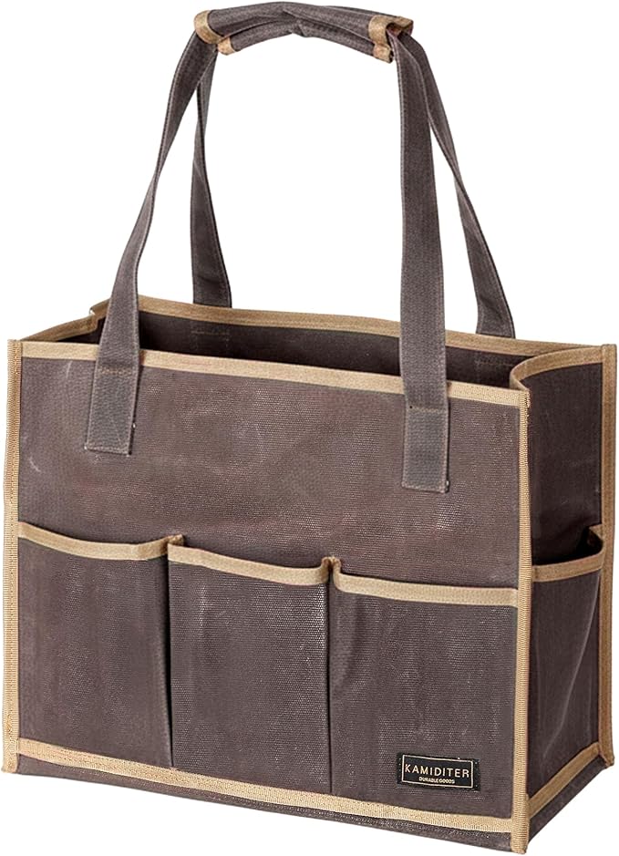 Heavy-Duty Waxed Canvas Tool Pouch - 14-Pocket Garden Tool Organizer with Removable Handle | Multi-Compartment Storage Bag for Tools (14.5" x 11" x 6.5", Grey)