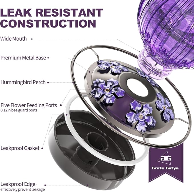 2 Pack Glass Hummingbird Feeder for Outdoors Hanging, Bird Nectar Feeder with Perch & 5 Flower Feeding Ports, 26 Oz Leak Proof for Outside Garden Decor Backyard, Gifts for Women Mom, Red & Purple