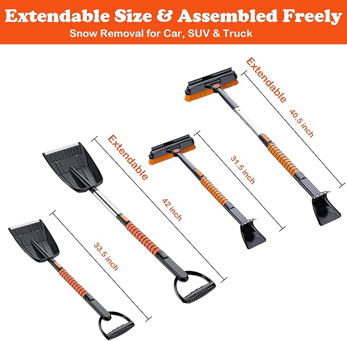 41" Snow Brush and Shovel Kit with Ice Scraper for Car Windshield, Winter Essentials 5 in 1 Extendable 270° Pivoting with Foam Grip Snow Brush Broom and Emergency Shovel for Car Truck SUV Vehicle