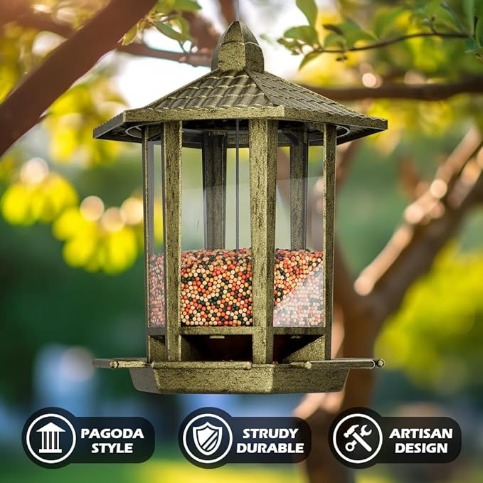 Birdream 2 Pack Bird Feeders for Outdoor, Retro Pagoda Design Fun Installation Bird Feeder, Attracting Wild Birds Chickadees Goldfinches Cardinals Finches and Sparrows - Retro Gold