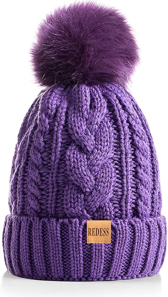 REDESS Women Winter Pompom Beanie Hat with Warm Fleece Lined, Thick Slouchy Snow Knit Skull Ski Cap