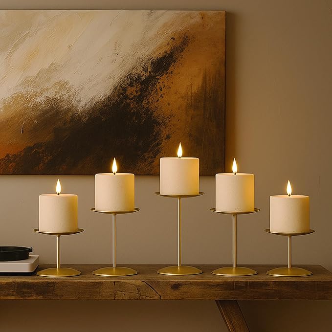 smtyle Christmas Gold Candle Holders for Pillar Candles Table Centerpieces Indoor Decoration Set of 5 Mantel Setting Dinner Party Wedding Event Elegant Gift