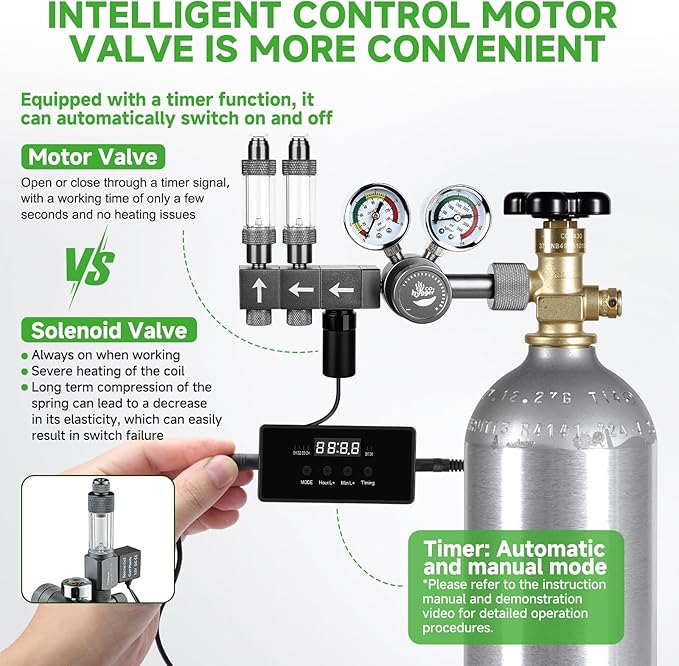Upgraded Aquarium CO2 Regulator with Motorized Valve, Dual Stage Adjustable Pressure, Expandable for Two Tanks, Includes Timer and Bubble Counters for CO2 Aquarium System