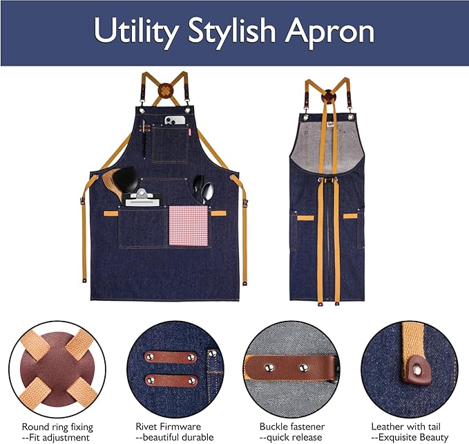 Kitchen Apron, Work Apron, Canvas, Multiple Pockets, Gardening, Painting, BBQ, Artist, Carpenter, Sizes M to XXL, Denim