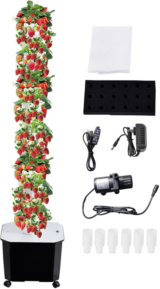 10 Tier 50 Plant Sites Hydroponics Garden Tower Soilless Planting Kit – Indoor Outdoor Vertical HerbVegetable Garden System with Large Reservoir and Automatic Water Pump Timer for Lettuce Fruits