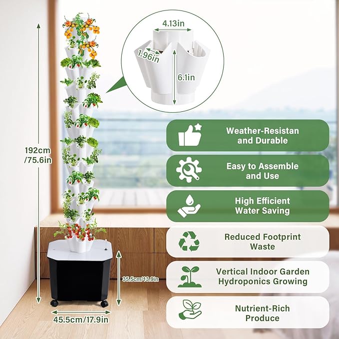 10 Tier 50 Plant Sites Hydroponics Garden Tower Soilless Planting Kit – Indoor Outdoor Vertical HerbVegetable Garden System with Large Reservoir and Automatic Water Pump Timer for Lettuce Fruits