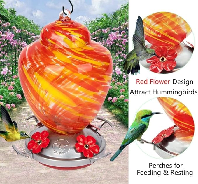 REZIPO Hummingbird Feeder with Perch - Hand Blown Glass - 38 Fluid Ounces Hummingbird Nectar Capacity Include Hanging Wires and Moat Hook (Yellow)