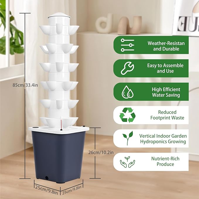 Vertical Hydroponics Garden Tower, 30-Plant Hydroponic Growing System with 10L Tank, 6 Layers Tower Garden Hydroponics Growing System, Automatic Watering for Home Indoor Gardening System White