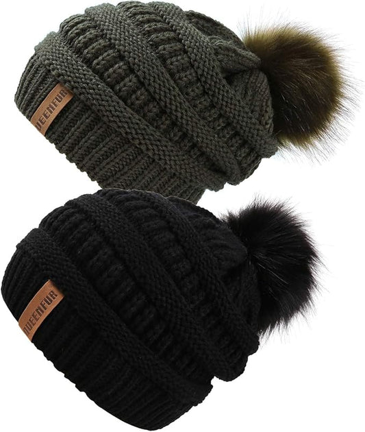 QUEENFUR Women Knit Slouchy Beanie Chunky Baggy Hat with Faux Fur Pompom Winter Soft Warm Ski Cap