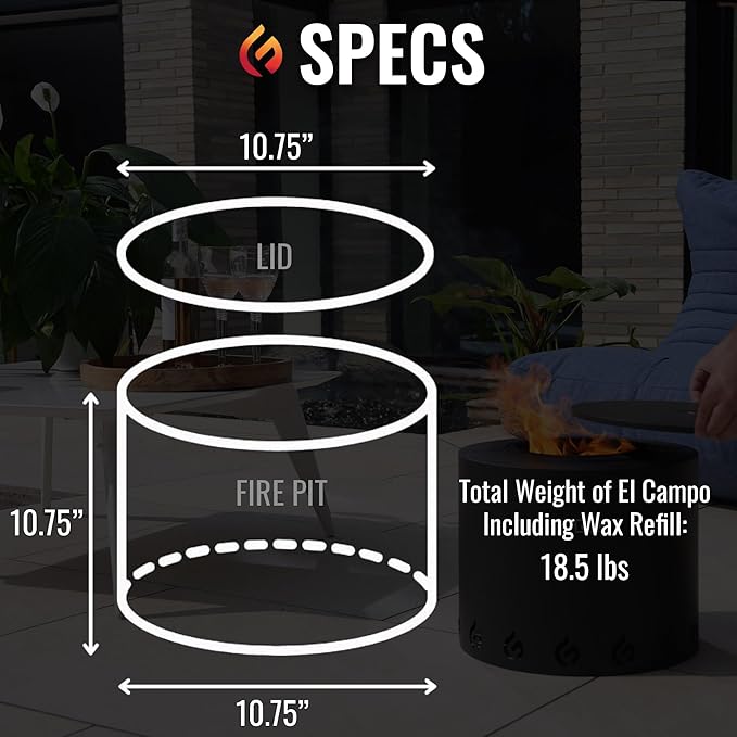 El Campo Portable Wax-Burning Fire Pit – Clean-Burning, No-Wood Fuel with 8-Hour Wax Refill – Compact and Durable for Camping, Travel, and Outdoor Use – Matte Black Finish