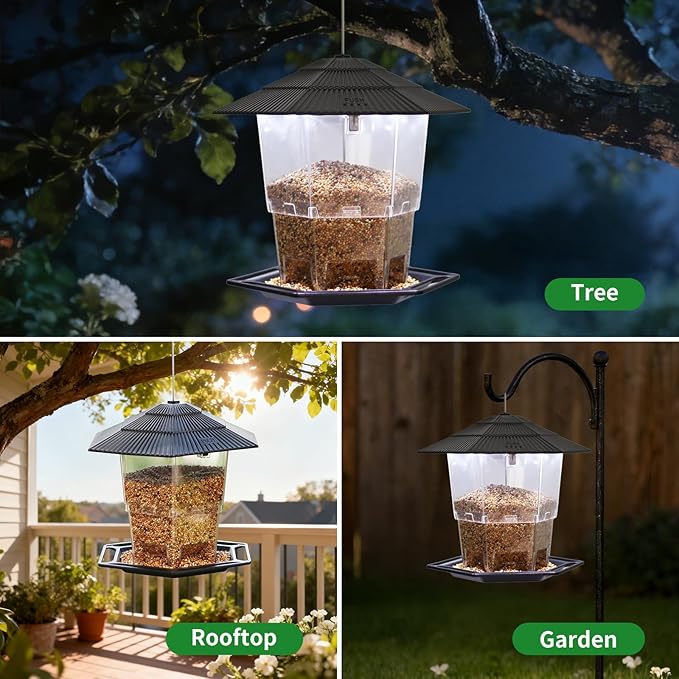 Solar Bird Feeder for Outdoors Hanging,Black Hanging Wild Bird Feeders with S Hook for Blue Bird, Cardinals, Finches,Wild Birds Seed Feeder, As Gift for Bird Lovers