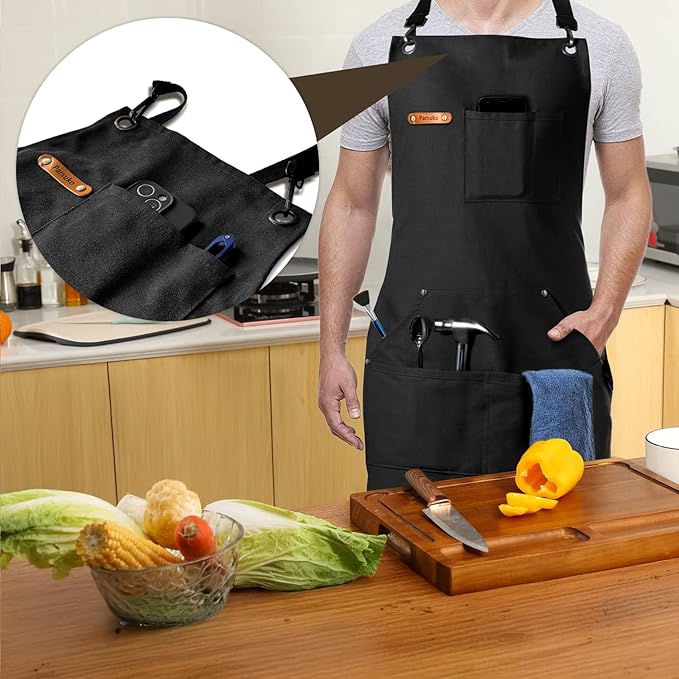 Professional Work Chef Apron for Men Women, Duty Water-Resistant Cotton Canvas, Durable Adjustable, Cooking BBQ