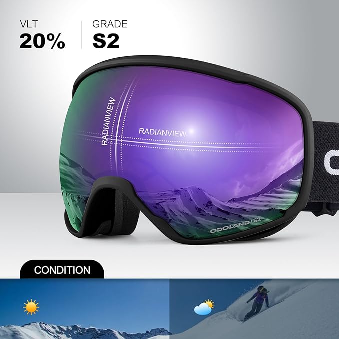 Odoland Snow Ski Goggles S2 Double Lens Anti-Fog OTG Windproof UV400 Eyewear for Men, Women and Youth-Skiing Snowboarding