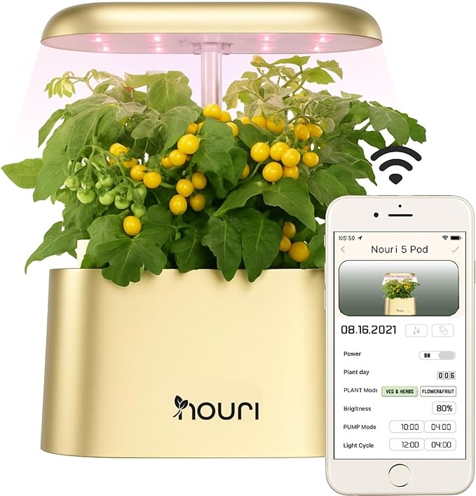 Nouri 5 Pod APP Smart Garden for Home Cooks with Heirloom Tomato | Hydroponics Growing System Kit | LED Grow Lights | Indoor Gardening System | Herb Garden Planter Indoor Kit | Gifts for Women & Men