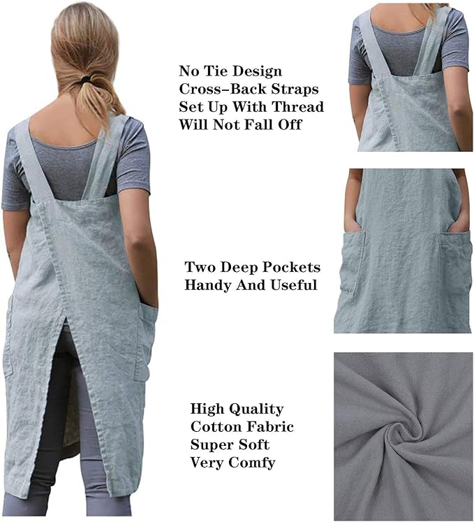 WROLEM Women's Practical Cross Back Pinafore Apron with Large Pockets Home Kitchen,Restaurant,Coffee House,Cooking,Gardening