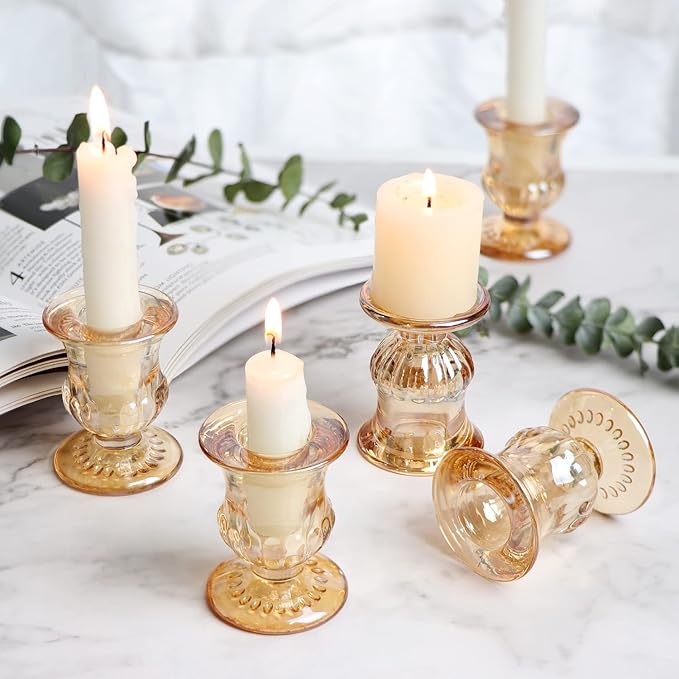 Letine Gold Candlestick Holders Set of 12-2.5" H Taper Candle Holders Bulk -Gold Glass Candle Holder for Thanksgiving, Christmas, Rustic Wedding Centerpieces, Party Decor