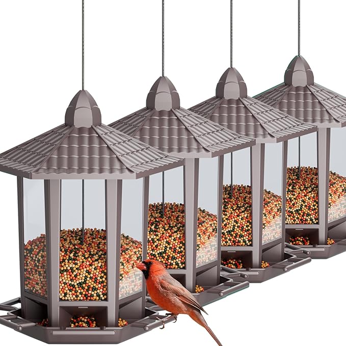 Birdream 4 Pack Bird Feeders for Outdoor Hanging, 10 LB Fun Installation Retro Pagoda Design Bird Feeder, Attracting Wild Birds Chickadees Goldfinches Cardinals Finches and Sparrows (Brown)