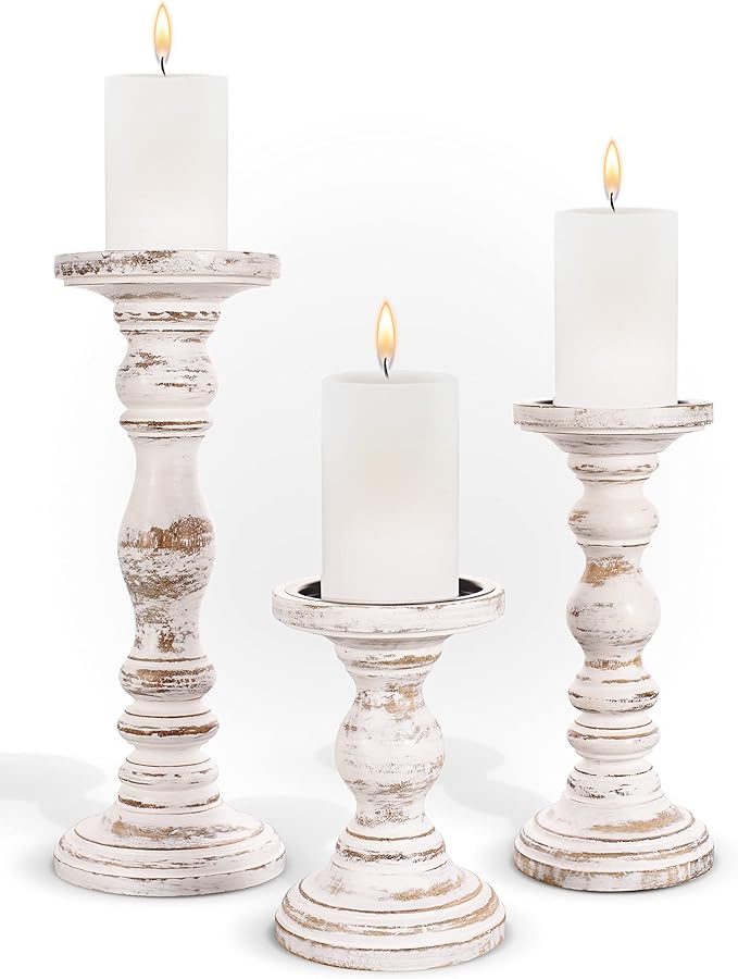 Large Candle Holders for Pillar Candles - Rustic Farmhouse Style Home Decor - Perfect for Table Centerpieces, Coffee Table or Fireplace Mantel - 3 Piece Set - White