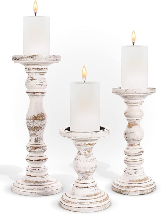 Large Candle Holders for Pillar Candles - Rustic Farmhouse Style Home Decor - Perfect for Table Centerpieces, Coffee Table or Fireplace Mantel - 3 Piece Set - White