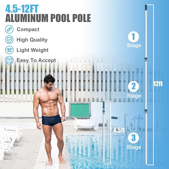 Professional 12 Foot Telescopic Aluminum Swimming Pool Pole - Attach Connect Skimmer Nets, Rakes, Brushes, Vacuum Heads Cleaning